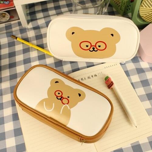 Japanese Kawaii Bear Pencil Case Student Stationery Pencil Bag Cute Large-capacity PU Leather Storage Bag Large Capacity