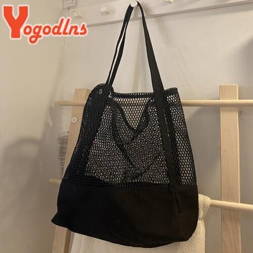 Yogodlns 2021 New Mesh Hollow Out Tote Bag Female Sandy Beach Shoulder Bag Womens Handbag Large Capacity Canvas Shoping Tote