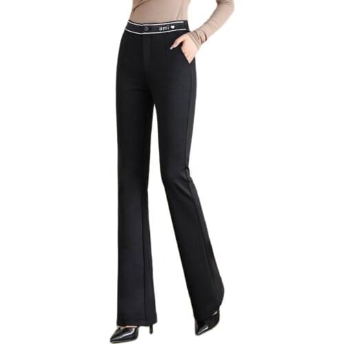 2021 Autumn New Middle Waist Women FuIl Length Flared Trousers Slimming Fit Stretch Elastic Band Black Flares Pants S Plus Size