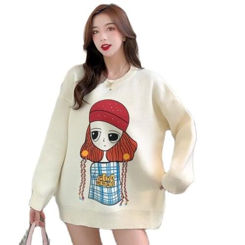 New Autumn Winter Women Cute Cartoon girl pattern Loose Raglan sleeves O-Neck Long style Female casual knit sweater tops