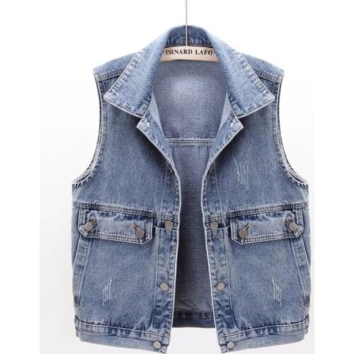 2021 Autumn New Vintage Blue Big Pocket Frayed Denim Vest Women Short Waistcoat Casual Sleeveless Jacket Slim Jeans Vest Female