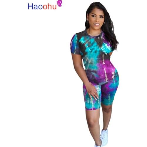 Plus Size 2 Piece Club Outfit Summer Clothes For Women Colorful Tie Dye Print Loose Top+Bodycon Short Casual Two Piece Sweatsuit