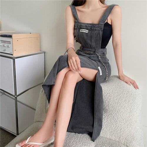Zoki Korean Women Denim Dress Vintage Sexy Split Summer Sleeveless Suspenders Jeans Long Dress Casual Tassel Ladies Vestidos