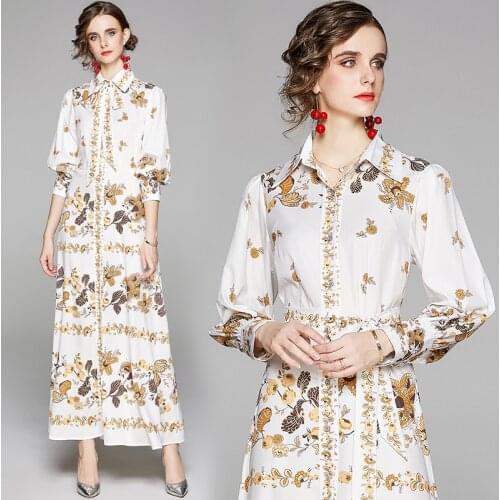 New Women Vintage Flower Print Shirt Dress Office Lady Long Sleeve Bow Sashes Vestidos Chic Dress Women Clothes Elegant Fashion