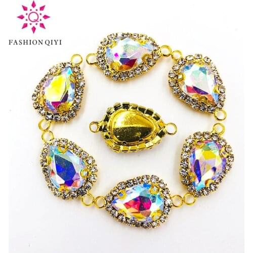 Gold bottom teardrop Double loop Crystal button AB color high quality Glass Crystal sew on rhinestones diy/Clothing accessories