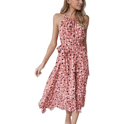 066F Womens Summer Halter Neck Polka Dot Print Sleeveless Swing Long Dress Belted High Waist Pleated Ruffles Hem Casual Loose