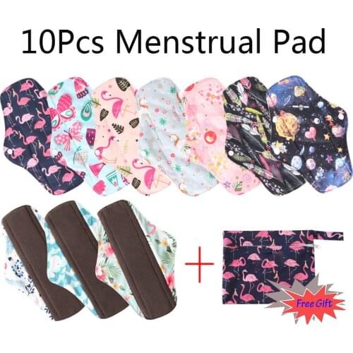 Ohbabyka Reusable Cloth Menstrual Pads with Bamboo-charcoal Absorbency with Wet Bag Women Washable Panty Liner 10Pack+1 Wet Bag