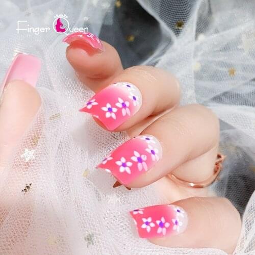 24pcs Box Fake Nails With Glue Halloween Nails Accessories And Tools Flower Pattern Design Gradient Pink White Purple Frenc