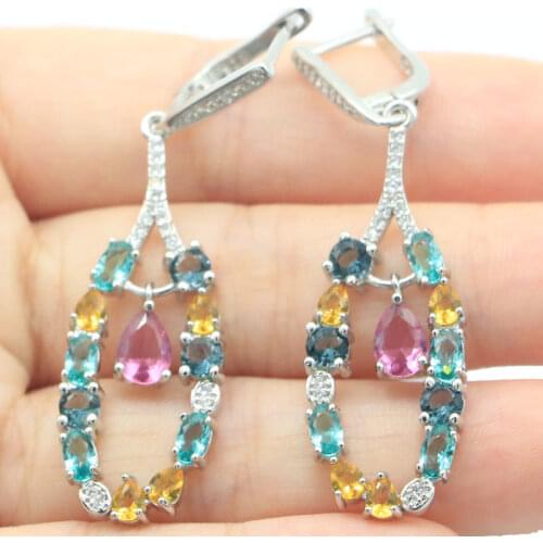 43x26mm Big Round 18mm Created Golden Citrine London Blue Topaz Mystic Topaz CZ Woman Wedding Silver Dangle Earrings