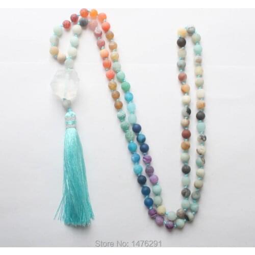 Natural 8MM Amethysts Amazonite Labradorite Volcano Pink Quartz Round Beads Tassel Pendant & Hand Knotted Sweater Necklace 31"L