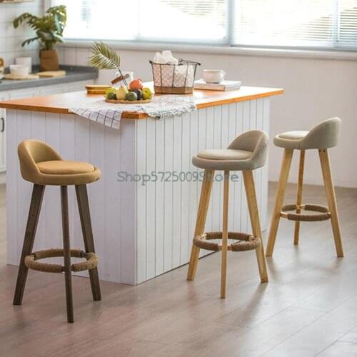 Solid Wood Bar Chair Bar Chair Household Back High Stool Front Desk Chair Bar Stool Milk Tea Shop Chair Round Stool