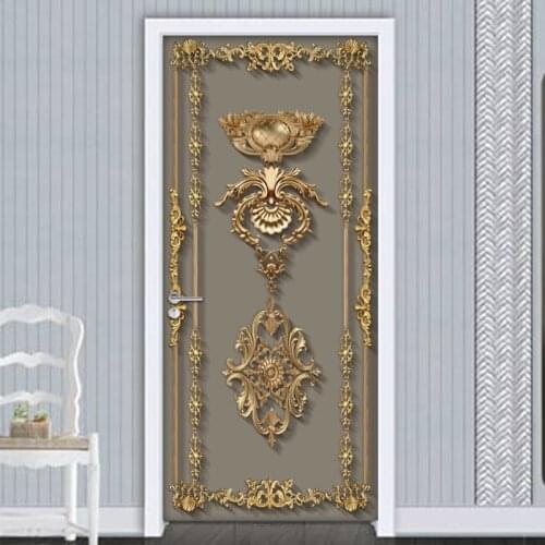 Self Adhesive Door Sticker Wallpaper 3D European Style Golden Flower Pattern Living Room Bedroom Door Mural Sticker Wall Decals