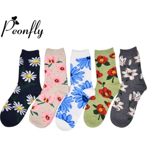 PEONFLY Korean Style Women Floral Printed Short Socks Creative Art Harajuku Funny Happy Socks Casual Cotton Calcetines Mujer