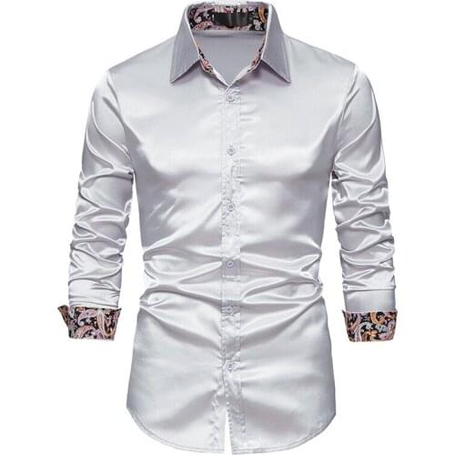 PARKLEES 2021 Paisley Patchwork Satin Dress Shirt Men Shinny Slim Long Sleeve Camisas Wedding Bridegroom Plus Size Chemise Homme