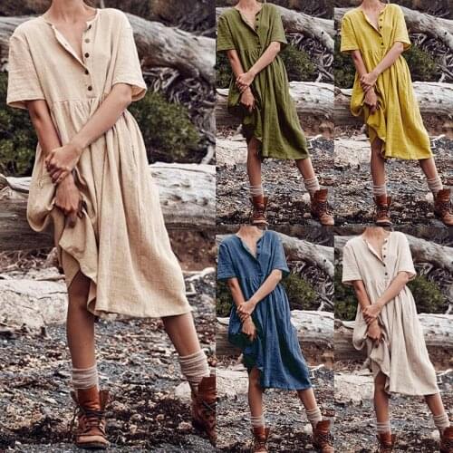 Knee Length Dress Summer Sun Dresses 2021 Boho Cotton Linen Dress Women Womens Solid Short Sleeve Button Dress Loose