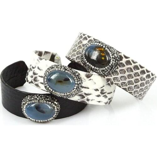 Luxury jewelry black grey leather oval natural niagara blue stone with spot pattern charm adjustable open cuff bangles for women