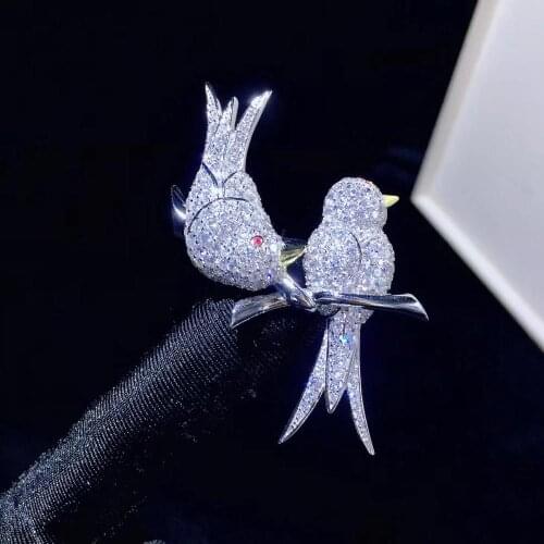 Double birds brooch white color 925 sterling silver with cubic zircon fine jewelry for women & men unisex brooch