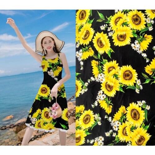 Telas high society fabric Super crepe silk satin Sun flowers designs prints blouse summer dress silk fabric tissus au metre
