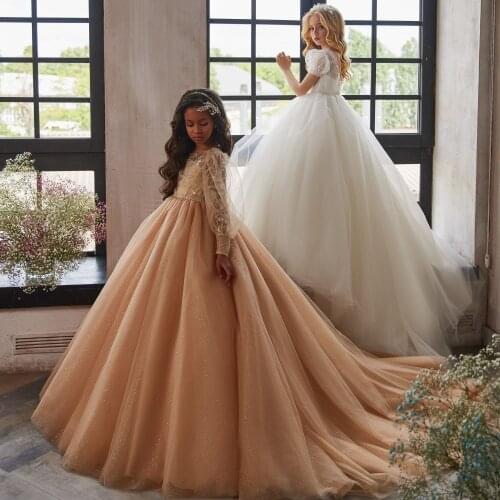 Dark Champagne Flower Girl Dresses Wedding Lace Beading Vestidos Little Girls Pageant Gowns Birthday Party Kids Christmas Dress