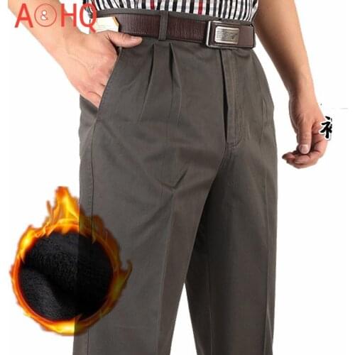 Warm Thick Fleece Winter Dress Trousers Pleated Straight High Waist Cotton Office Suit Pants Plus Size 42 44 46