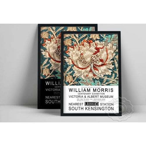 William Morris Exhibition Print, Black White Morris Honeysuckle Poster, Fabric Textured Background Wall Decor, Flower Wall Art