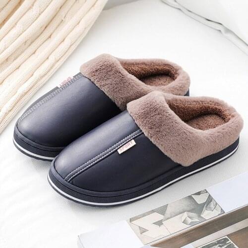 PU Waterproof Slippers Women Men Winter Plush Keep Warm Flat Home Shoes Woman Soft Comfort Female Shoes Sewing Interior Slipper