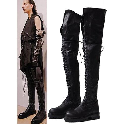 Super Long Thigh High Boots Women Over The Knee Boots Genuine Leather Thick Heel Lace-up Motorcycle Knight Boots Winter Shoes