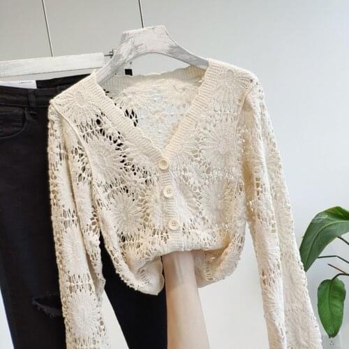 Short Style Cardigan Women 2021 Spring Autumn Lace Hollow Out Knitted Crop Tops Female Single Breasted Crochet Flowers Knitear