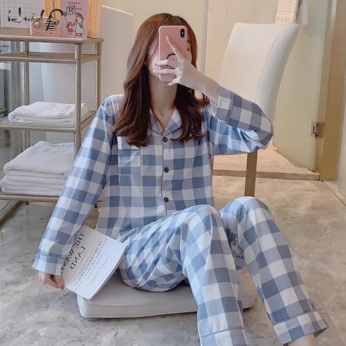 Women Pajamas Sets with Pants Long Sleeve Turn-down Collar with Pocket Pyjama Cute Cartoon Button Top+Pants Pijama