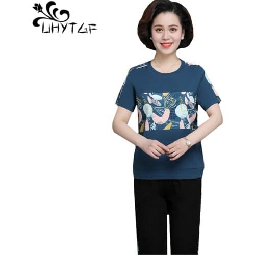 UHYTGF Womens Tracksuit 2021 Middle-Aged Mother Summer Two-Piece Set Short-Sleeved T-Shirt Tops Slim Plus Size Suit Female 1674