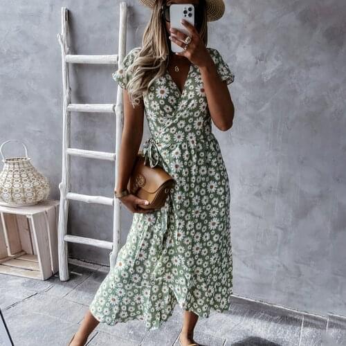 Ladies Boho Floral Print Dress Summer Short Sleeve V-neck Bandage Slim Midi Dresses For Women 2021 Fashion Beach Long Dress Robe