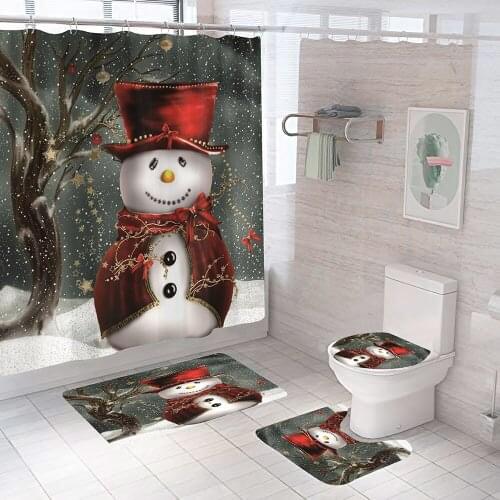 3d Snowman Anti-slip Bath Mat Set Merry Christmas Shower Curtain Toilet Seat Cover Non Slip Rug Bathroom Curtains with Hooks