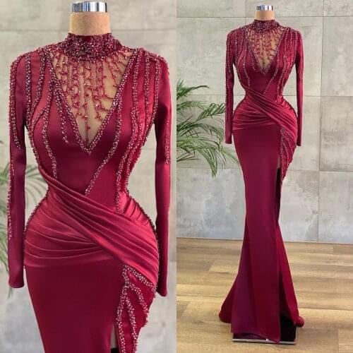 Burgundy Side Split Evening Gowns High Collar Satin Long Sleeve Mermaid Prom Dress Beading Custom Made Formal Robes De Soirée