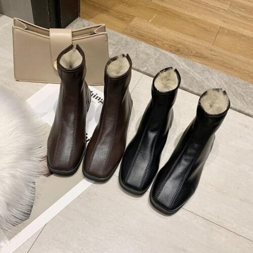 Female Fashion Party Zip Shoes Ladies Warm Plush 2020 New Boots Women Leather Ankle Boot Square Toe Shoes U11-51