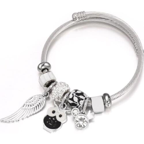 Cuff Ethnic Bracelet For Women Metal Stainless Steel Rhinestone Silver Color Wings Animal Owl Letter Bangles Jewelry Accessories