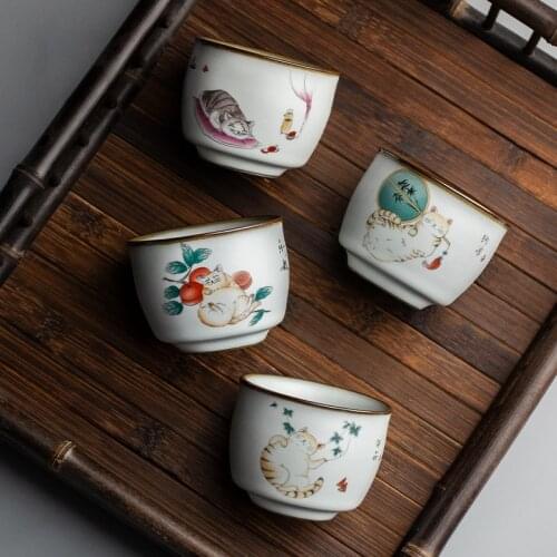 CHANSHOVA 90ml Traditional Chinese retro style Crackle Ceramic tea cup Small Coffee Cups Cute cat Tea set China Porcelain H562