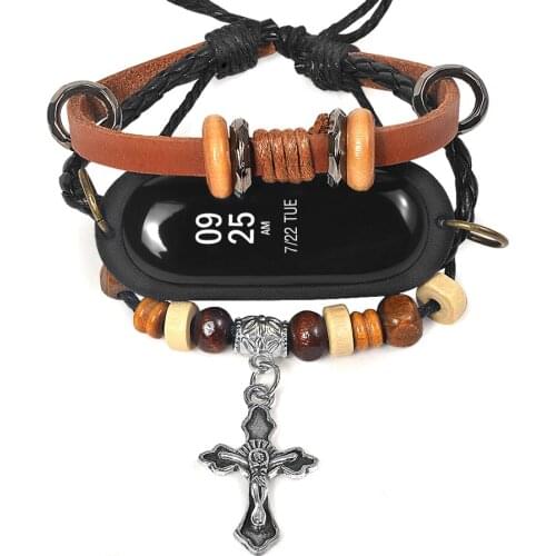 For Mi Band 3 Bracelet Vintage Weave Beaded Leather Replacement Band Wristband Strap for Xiaomi Mi Band 3 Accessories