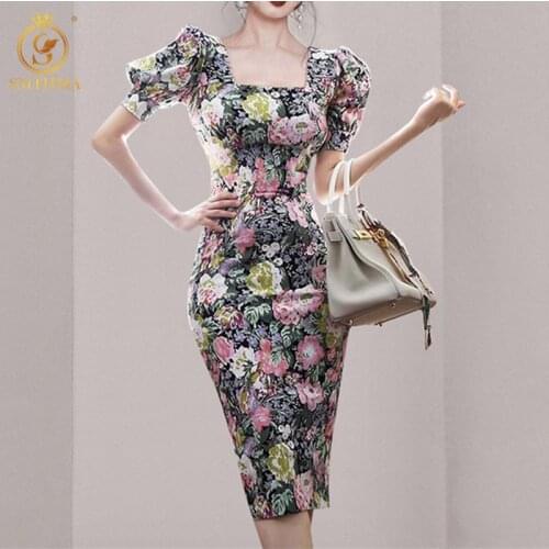 Elegant Print Floral Dress Female Square Collar Puff Short Sleeve High Waist Knee-Length Bodycon Dresses For Women New Clothes