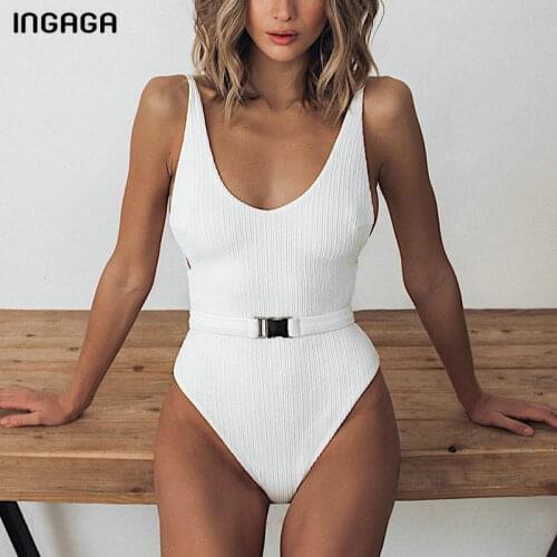 INGAGA Swimsuit One Piece High Cut Womens Swimsuit 2021 Ribbed Bodysuit Solid Backless Bathing Suits Sexy Belted Beachwear