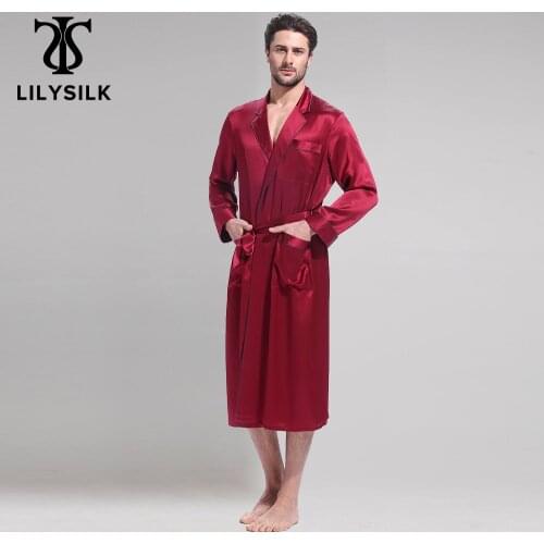 LilySilk Silk Robe Bathrobe Sleepwear Kimono Men Night Designer Long Sleeve Belt Pockets Brand Turn Down Collar Free Shipping