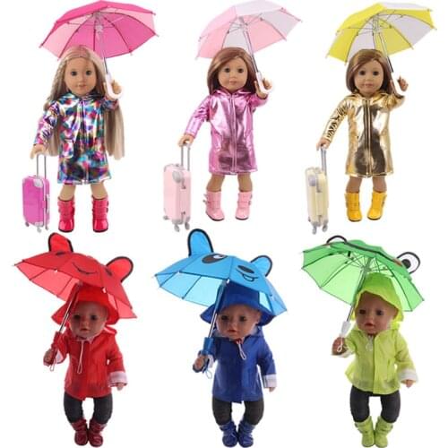 Doll Raincoat Set=Suitcase+Rain Suits+Boots+Umbrella For 18 Inch American&43Cm Baby New Born Doll Girl`s Toy Accessories Clothes
