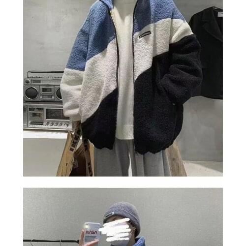 Lamb wool cotton padded jacket mens fashion Korean loose casual splicing cotton padded jacket for students and teenagers