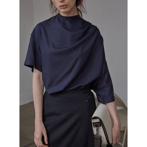 Summer 100% Viscose Women Tops and Shirt O-neck Short Sleeve Tee Loose Casual T-Shirt Irregular Pleated T-shirt Female Clothes