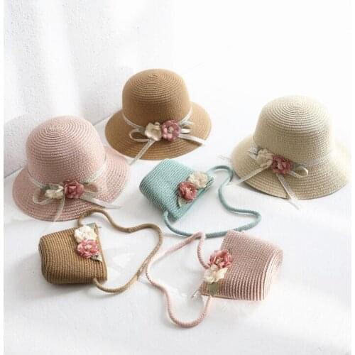 Summer children girl casual panama cap Kids Floral straw hat +handbag sets Outdoor Princess beach hat Sun sunscreen hat gorros