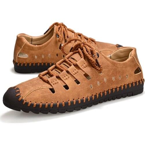 Summer Mens Leather Shoes Breathable Hollow Slip Wear Outdoor Casual Shoe Mens Large Size Handmade Flat Bottom Beach Shoes