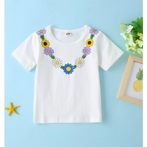 Girls summer short-sleeved T-shirt childrens clothing girls flower pattern cotton T-shirt suitable for 3-7 years old