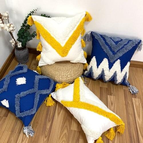 Morocco Cotton Moroccan Geometric BoHo Cushion Cover with Tassel Blue Yellow Pillow Cover Embroidered Tufted Tome Decoraton