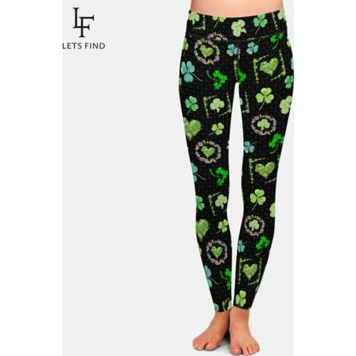 LETSFIND Fashion Women High Waist Beautiful Clover Design Milk Silk Printing Leggings High Quaility Plus Size Fitness Slim Pants