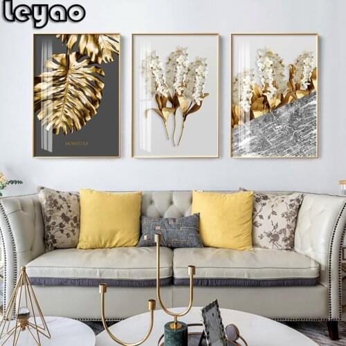 Golden abstract leaf flower Wall Art diy diamond Painting Black white feathers full diamond embroidery mosaic,Living Room Decor