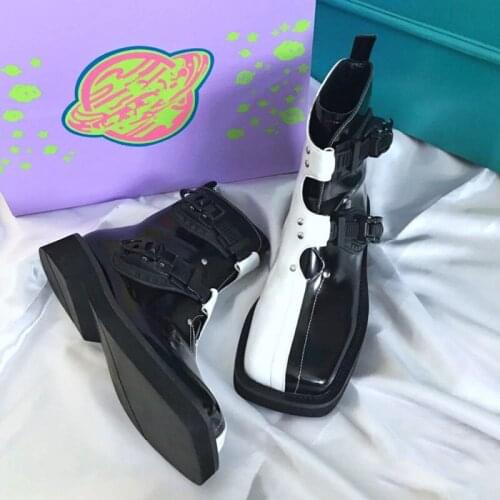 New Autumn Retro Color Matching Short Leather Boots Square Head Thick Heel British Women Boots Fashion Motorcycle Boots